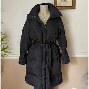 Mango Women's Black Water-Repellent Quilted Belted Coat Jacket